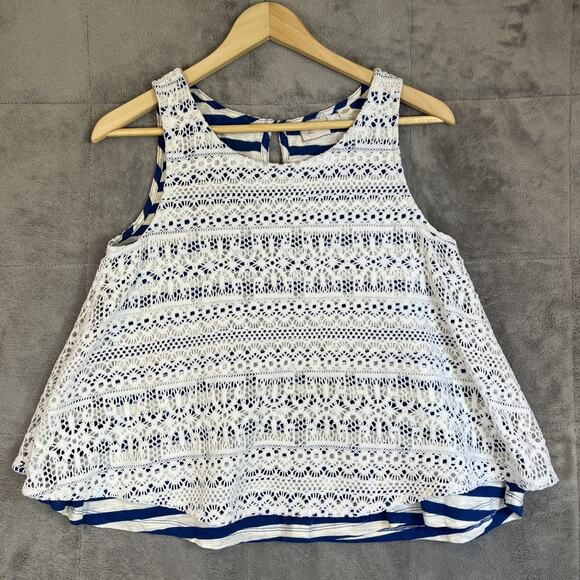 Anthropologie Stripe View Swing Tank Size XS White Lace Over Blue Stripes Beachy - Picture 1 of 12